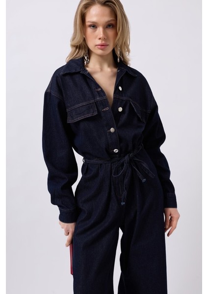 Düğme Detaylı Denim Tulum