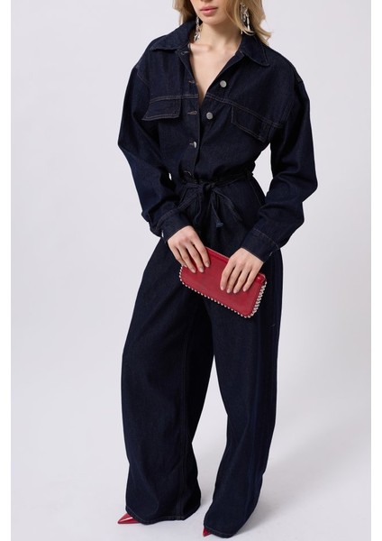 Düğme Detaylı Denim Tulum