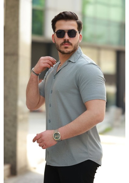 Erkek Apaç Yaka Örme Kumaş Kısa Kollu Gömlek