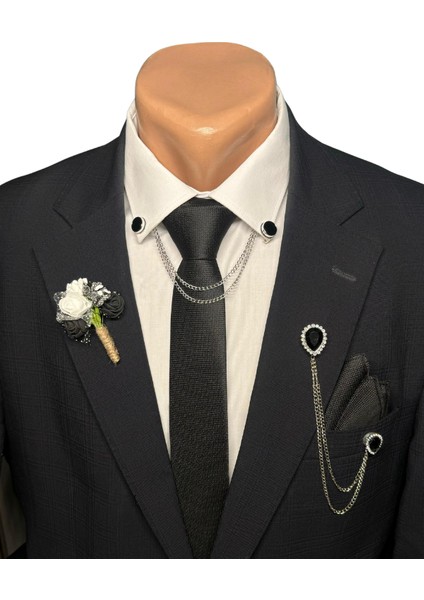 Damat Kravat Seti(Kravat-Mendil, Ceket Yaka Zinciri, Ceket Yaka Çiçeği, Gömlek Yaka Zinciri Klipsli)