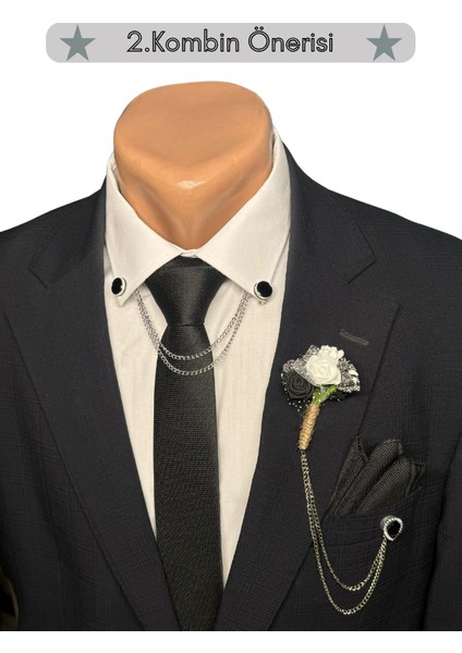 Damat Kravat Seti(Kravat-Mendil, Ceket Yaka Zinciri, Ceket Yaka Çiçeği, Gömlek Yaka Zinciri Klipsli)