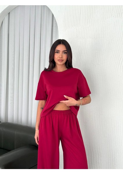 Osy Modal Yumuşak Dokulu Kumaş Bisiklet Yaka T-Shirt Bol Paça Pantalon Ikili Takım -Bordo