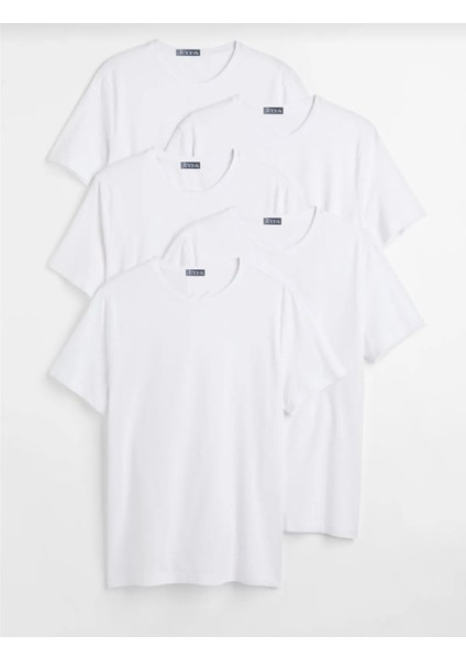 Erkek Beyaz Slim Fit Bisiklet Yaka %100 Pamuk 5\'li Tişört Paketi