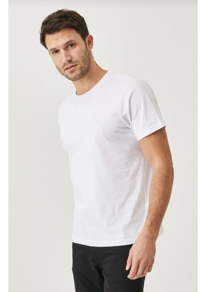 Erkek Beyaz Slim Fit Bisiklet Yaka %100 Pamuk 5\'li Tişört Paketi