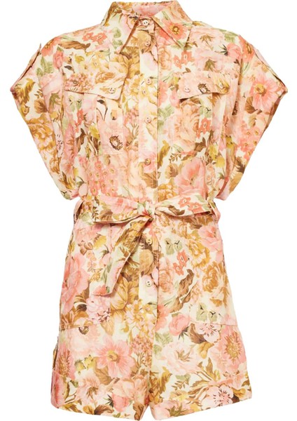 Çiçek Desenli Keten Tulum