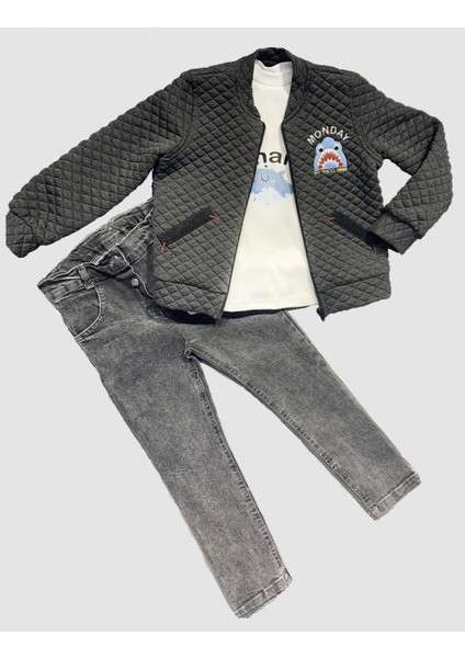 4-5-6 Yaş Kot Pantolonlu Pilot Mont Uzun Kollu Penye Sweat 3lü Erkek Çocuk Takımı Füme