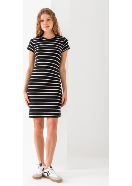 Kadın Bisiklet Yaka Kısa Kol Çizgili Elbise Siyah Beyaz - 25539 fiyatları