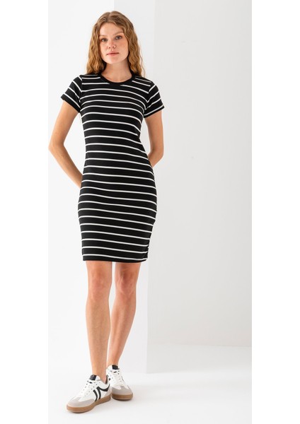 Kadın Bisiklet Yaka Kısa Kol Çizgili Elbise Siyah Beyaz - 25539 indirimleri