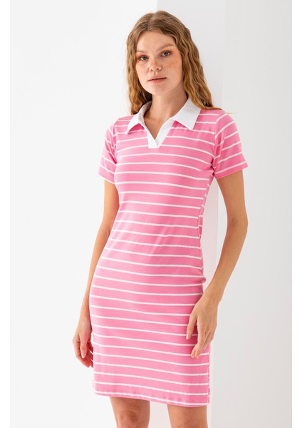 Kadın Polo Yaka Kısa Kollu Çizgili Elbise Pembe Beyaz - 25538 modelleri