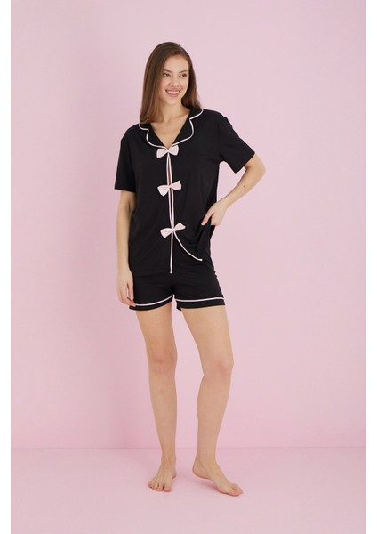 Fiyonklu Gömlek Yaka Şortlu Pijama Takımı