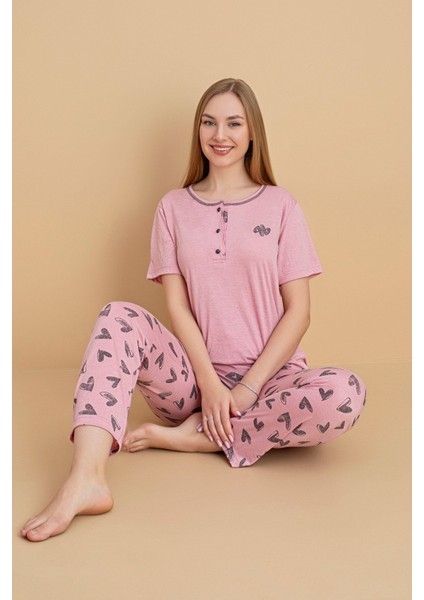 Kalp Desenli Kısa Kollu Pijama Takımı