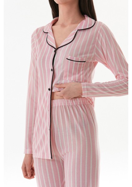 Çizgili Gömlek Yaka Cepli Pijama Takımı