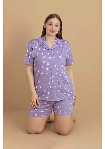Büyük Beden Papatya Baskılı Gömlek Yaka Şortlu Pijama Takımı
