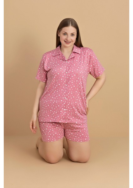 Büyük Beden Kalp Baskılı Gömlek Yaka Şortlu Pijama Takımı fiyatları