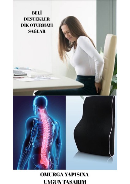Visco Bel Yastığı Sırt Minderi Ortopedik Bel Minderi Ortopedik Sırt Yastığı %100 Visco Destek Minderi Ergonomik Yastık Siyah Renk Kılıflı ve Fermuarlı Bel Yastığı