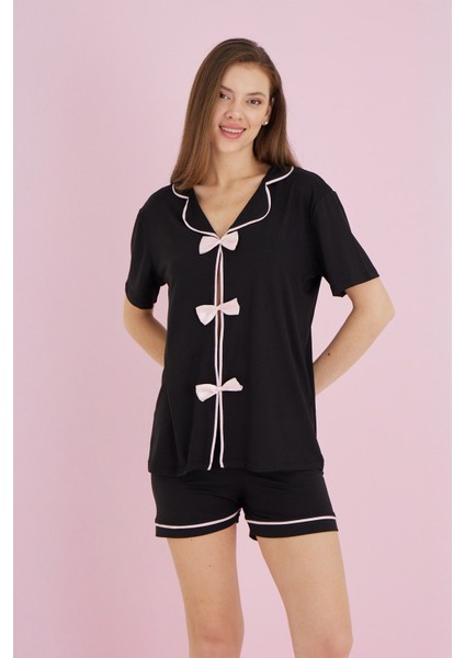 Fiyonklu Gömlek Yaka Şortlu Pijama Takımı