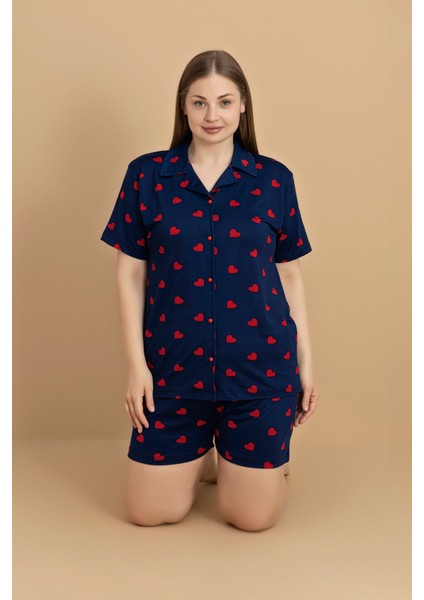 Büyük Beden Kalp Baskılı Gömlek Yaka Şortlu Pijama Takımı fiyatları