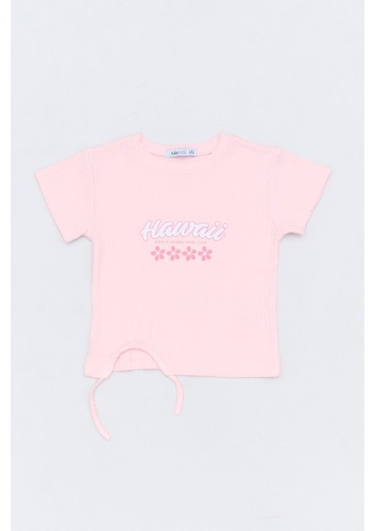 Hawaii Yazı Baskılı Fitilli Yanı Büzgülü Kız Çocuk Tişört