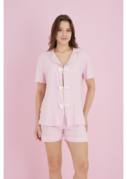 Fiyonklu Gömlek Yaka Şortlu Pijama Takımı