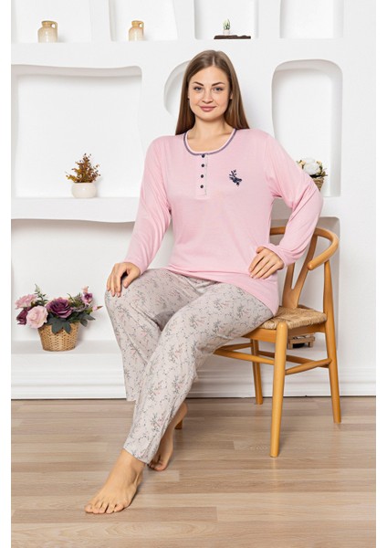 Büyük Beden Çiçek Desenli Uzun Kollu Pijama Takımı