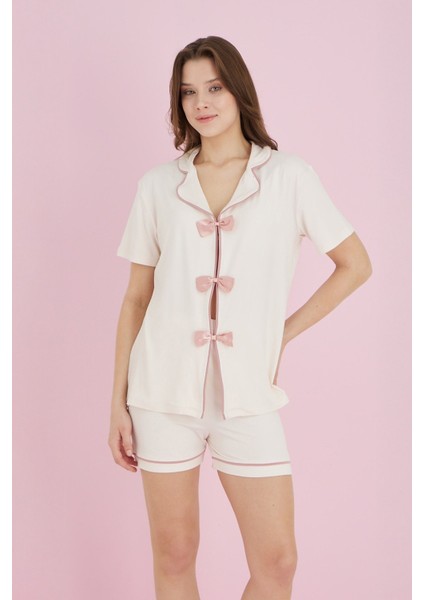 Fiyonklu Gömlek Yaka Şortlu Pijama Takımı