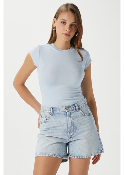 Kadın Inner Lux Touch Yumuşak Doku Bisiklet Yaka Kısa Kol Mavi Bluz
