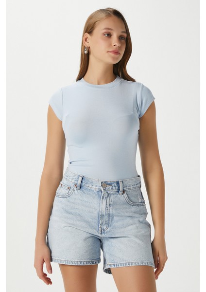 Kadın Inner Lux Touch Yumuşak Doku Bisiklet Yaka Kısa Kol Mavi Bluz