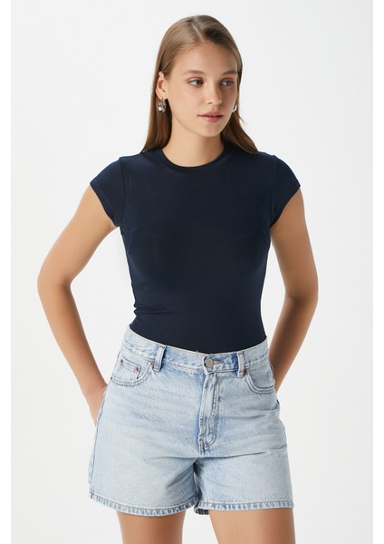 Kadın Inner Lux Touch Yumuşak Doku Bisiklet Yaka Kısa Kol Lacivert Bluz