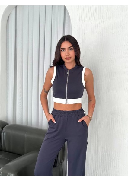 Osy Modal Yumuşak Dokulu Kumaş Tam Fermuarlı Crop Pantalon Ikili Takım - Antrasit