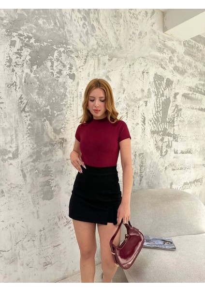 Kadın Kısa Kol Badi Bluz - Bordo