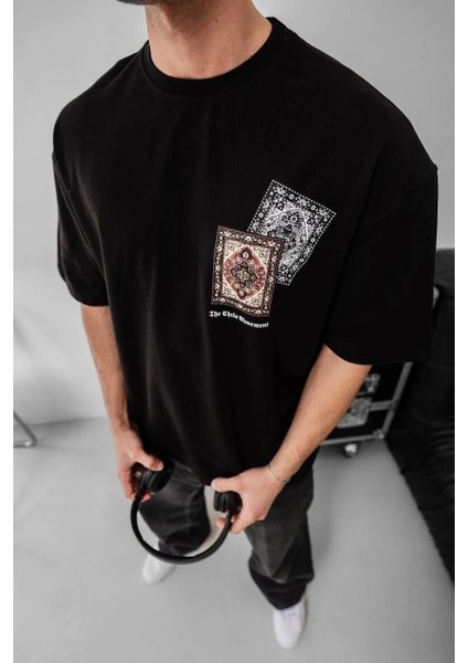 Erkek Baskılı Oversize T-Shirt - Siyah