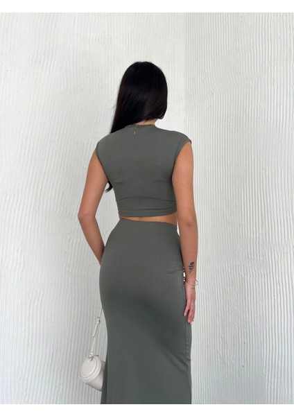 Osy Modal Yumuşak Dokulu Kumaş Büzgülü Crop Etek Takım - Mint Yeşili