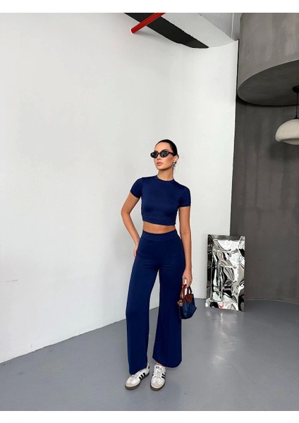 Osy Modal Yumuşak Dokulu Kumaş Kısa Kollu Crop Alt Ispanyol Paça Pantalon Ikili Takım - Lacivert