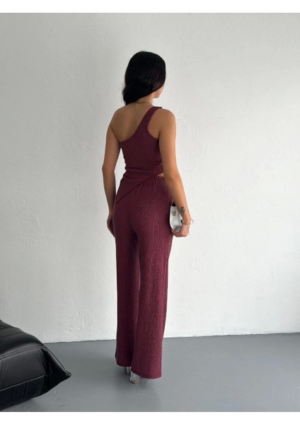 Asimetrik Crop Pantalon Ikili Takım - Gül Kurusu