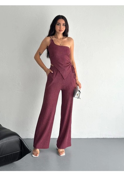 Asimetrik Crop Pantalon Ikili Takım - Gül Kurusu