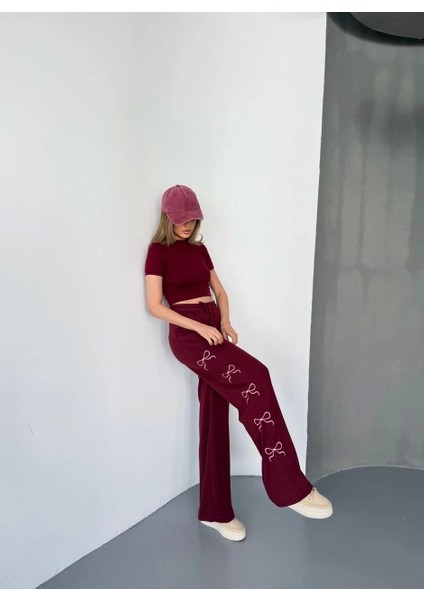 Osy Modal Yumuşak Dokulu Kumaş Nakış Işlemeli Rahat Bol Paça Eşofman Pantalon - Bordo