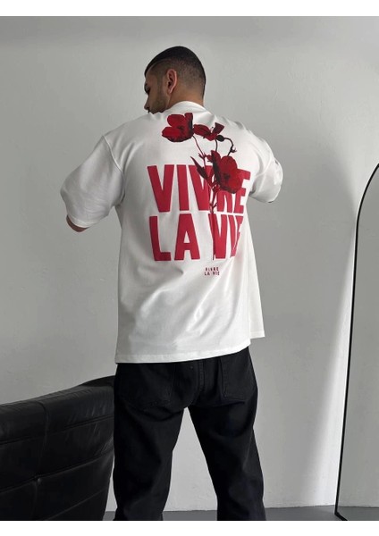 Baskılı Oversize Bisiklet Yaka T-Shirt - Beyaz modelleri
