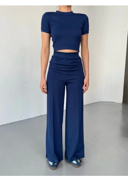 Osy Modal Yumuşak Dokulu Kumaş Kısa Kollu Crop Rahat Pantalon Ikili Takım - Lacivert