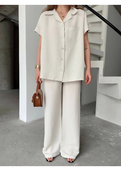 Keten Kısa Kollu Cepli Gömlek Pantolon Ikili Takım - Beyaz