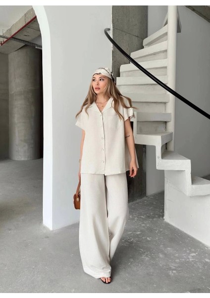 Keten Kısa Kollu Cepli Gömlek Pantolon Ikili Takım - Beyaz fiyatları