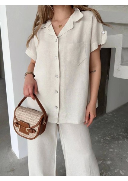 Keten Kısa Kollu Cepli Gömlek Pantolon Ikili Takım - Beyaz modelleri