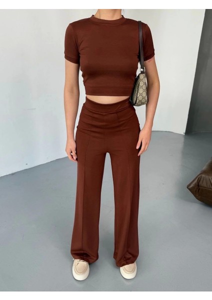 Osy Modal Yumuşak Dokulu Kumaş Kısa Kollu Crop Rahat Pantalon Ikili Takım - Kahverengi