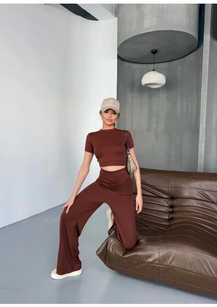 Osy Modal Yumuşak Dokulu Kumaş Kısa Kollu Crop Rahat Pantalon Ikili Takım - Kahverengi