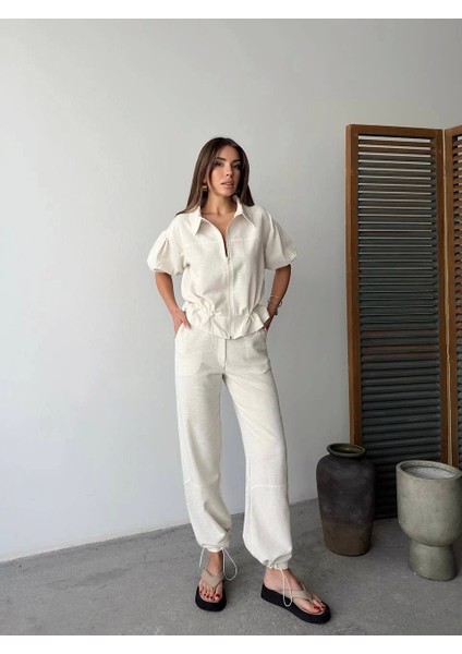 Keten Tam Fermuarlı Kısa Kollu Gömlek Pantolon Ikili Takım - Beyaz