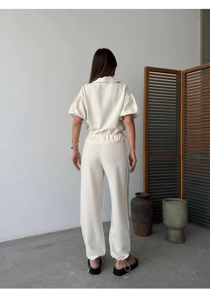 Keten Tam Fermuarlı Kısa Kollu Gömlek Pantolon Ikili Takım - Beyaz fiyatları
