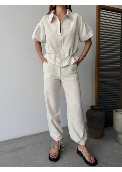 Keten Tam Fermuarlı Kısa Kollu Gömlek Pantolon Ikili Takım - Beyaz fırsatları