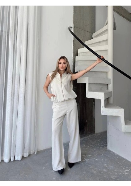 Keten Tam Fermuarlı Kolsuz Ceket Pantolon Ikili Takım- Beyaz modelleri