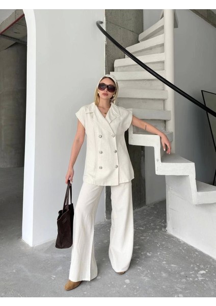 Keten Sıfır Kol Blezer Ceket Pantolon Ikili Takım- Beyaz modelleri