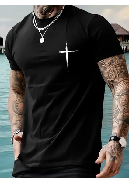 Baskılı Oversize Bisiklet Yaka T-Shirt - Siyah