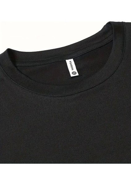 Baskılı Oversize Bisiklet Yaka T-Shirt - Siyah
